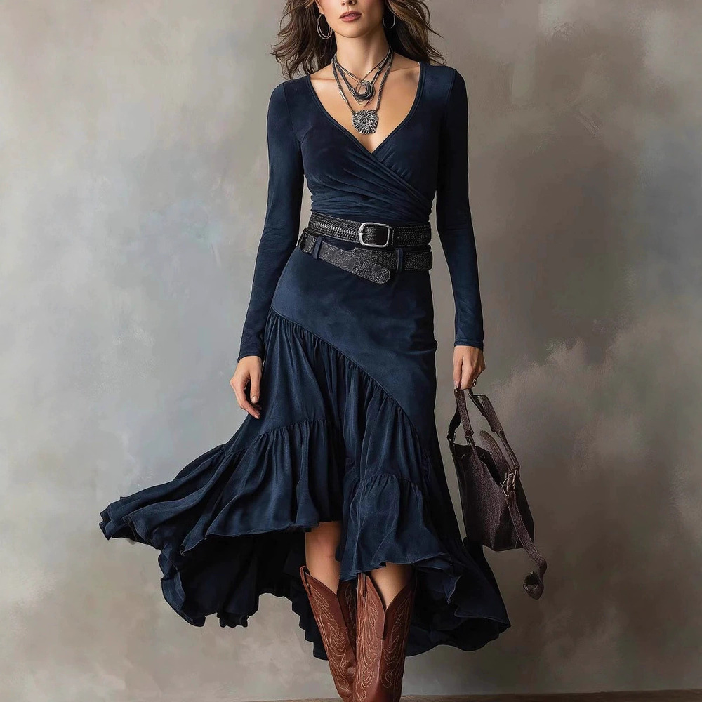 ZARA Women French Collar Long Sleeve Belted Dress